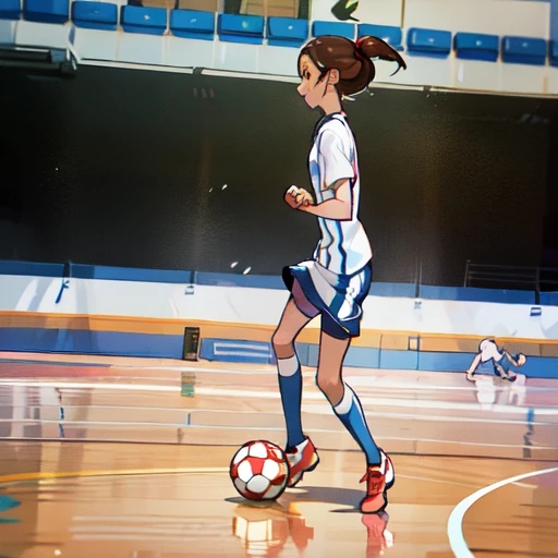 there a woman that playing soccer on the court, dribbling, malika favre, indoor shot, mid - action, indoor picture, indoor, soccer ball against her foot, mina petrovic, simona sbaffi the captain, shot on nikon z9, action shot, wearing a school soccer uniform, playing soccer, mid action, julia fuentes