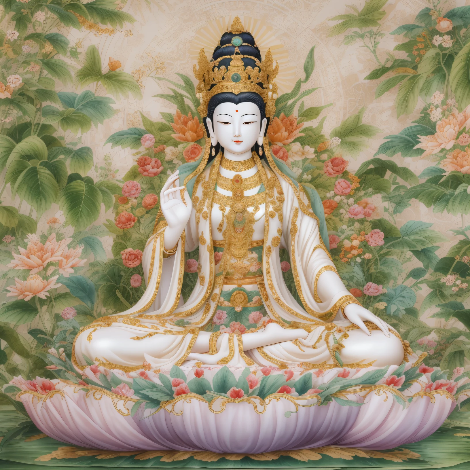 Close-up of man sitting in lotus position, bodhisattva, goddess of love and peace, Avalokitesvara, Satisfied Female Bodhisattva, guanyin of the southern seas, Inspired by Gu Wenchang, Dan family, Lysa Hannigan、tmasterpiece、、a true,32K,Radiant,Avalokitesvara Bodhisattva in White Clothes of Mercy
