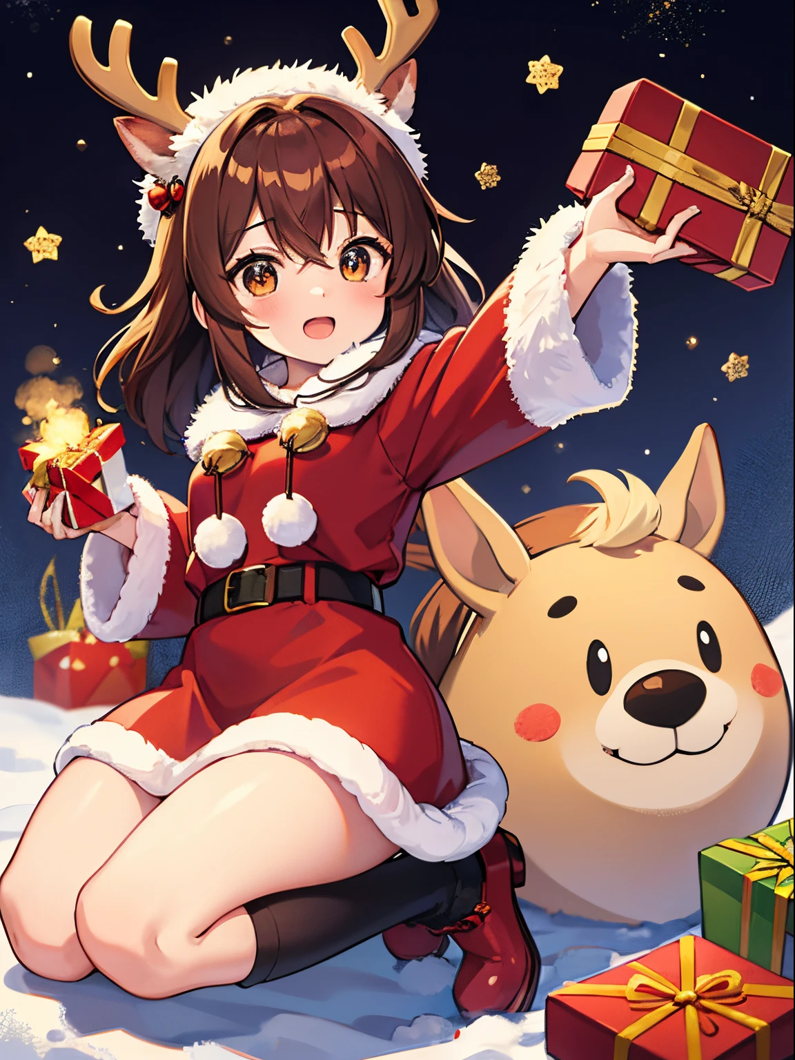 cute reindeer,shaggy,largeeyes,Shimmering with a warm glow。Wearing red santa hat,Horse hooves on the snow,Bring a gift bag,Bring joy and gifts to children。
