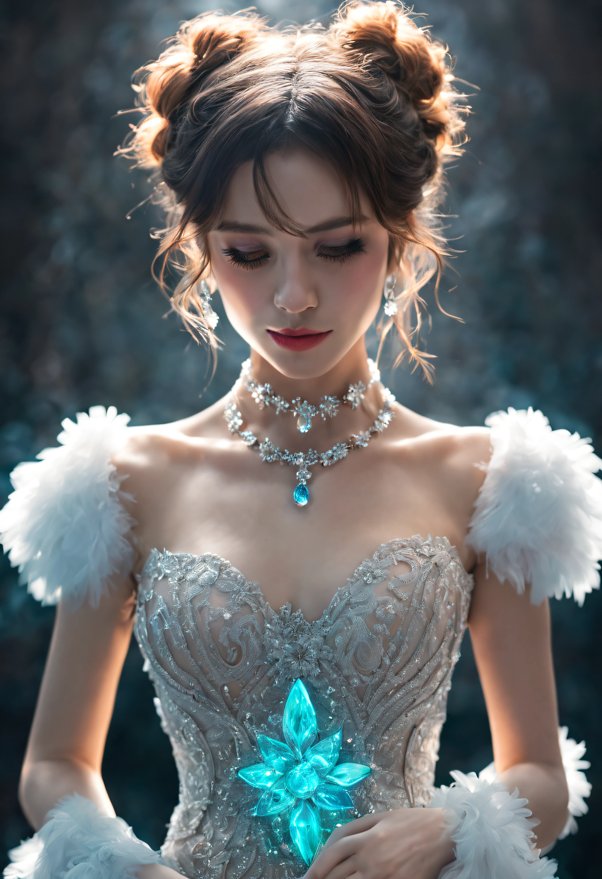 1girl, 20yo (sexy detailed and beautiful face:1.2), normal breasts, wavy hair, updo, bangs, ice hair bow, beautiful eyes, ((ice wedding dress)), (glowing colorful fluorescent dress effect:1.5), evil smiling, ornate jewelry and jewelry, necklace, earrings, bracelet, holding flowers, frozen darkness cave, (upper thighs shot:1.2), (masterpiece, top quality, best quality, official art, beautiful and aesthetic:1.2), UHD, highres, xxmixgirl,