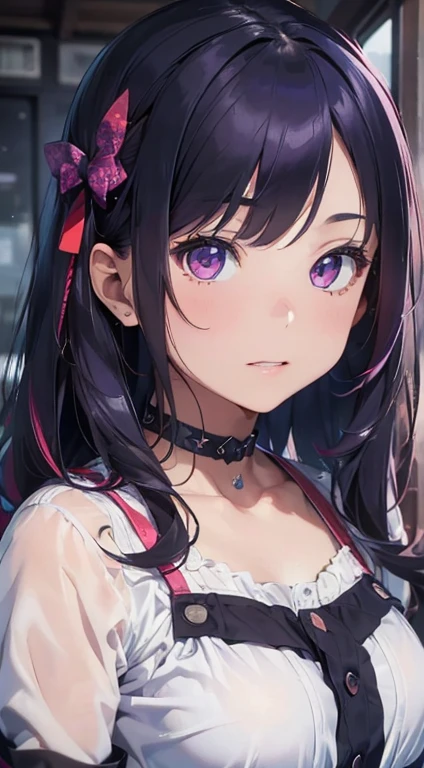 (best quality,4k,8k,highres,masterpiece:1.2),ultra-detailed,(realistic,photorealistic,photo-realistic:1.37),portraits, vivid colors, HDR, UHD, detailed school scene, beautiful girl with slim face and kawaii theme, dark blue and purple hair, red clips, wearing a black Gothic dress, pink eyes