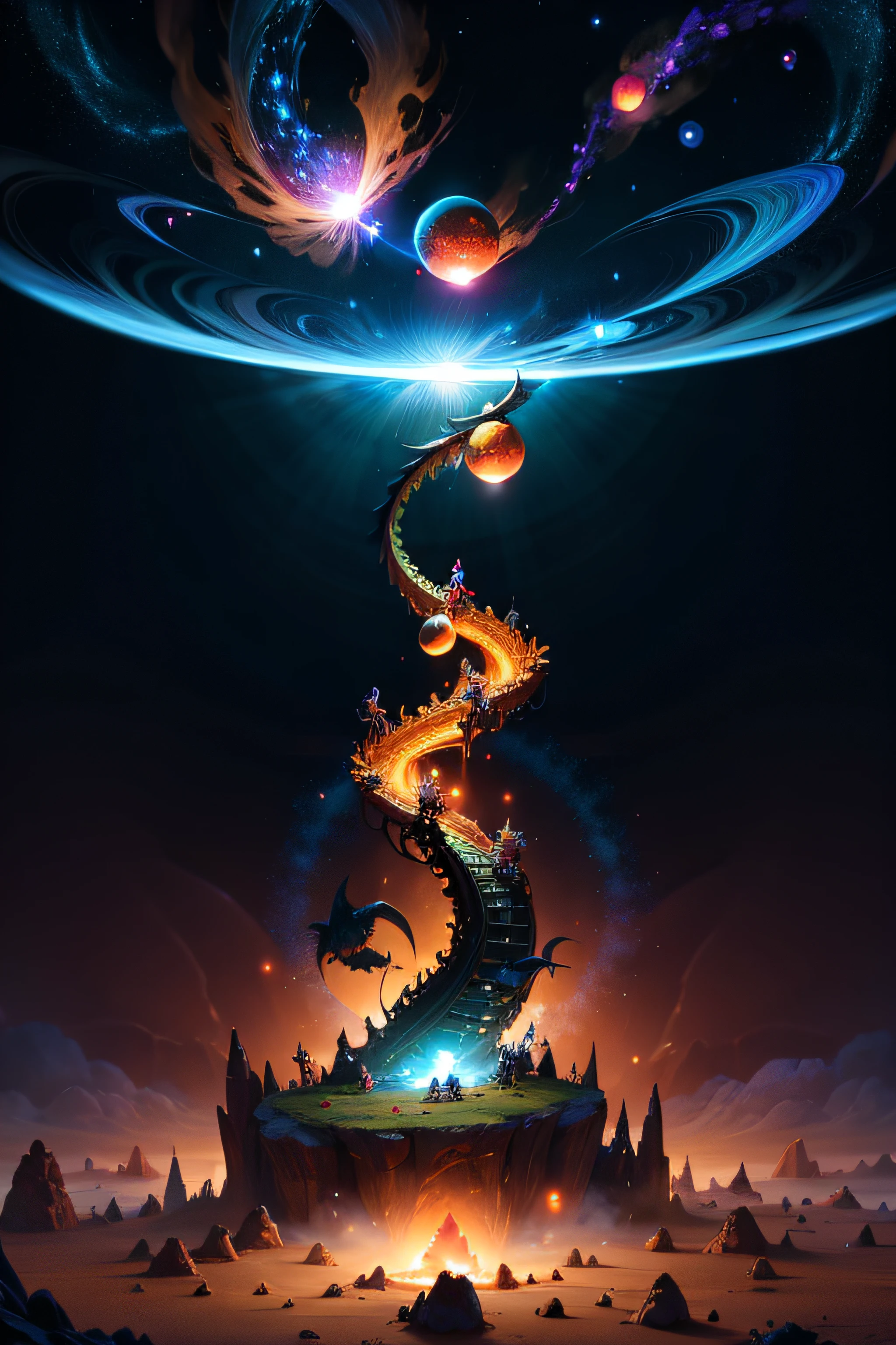 draw me a black hole where dragons, orcs, elves, gnomes are sucked in and disintegrated, transforming into cosmic dust