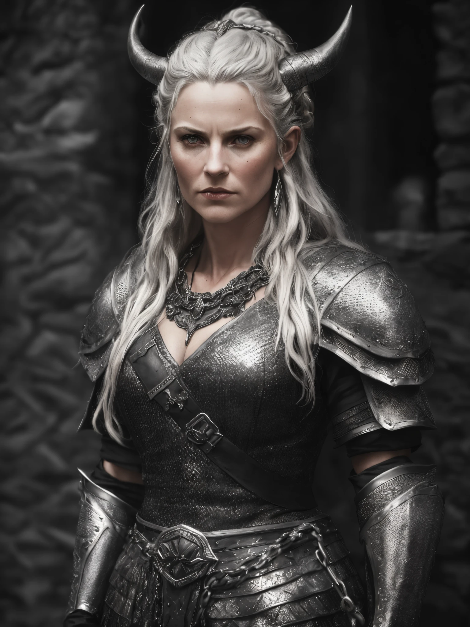 (Highest quality:1.3), cinematic shot, masterpiece, (sharp focus:1.5), (photorealistic:1.3), medium portrait of (a weary-looking but still proud and fierce-looking old Viking warrior queen, now the leader of her village, dressed in elaborately detailed cropped chain mail and leather armour, a few torches burn on the walls, giving the scene a dark atmosphere but sculpting the forms in sharp chiaroscuro), it night time, (highly detailed skin), (detailed face), detailed background, dark lighting, twilight lighting, volumetric lighting, intricate details, UHD,