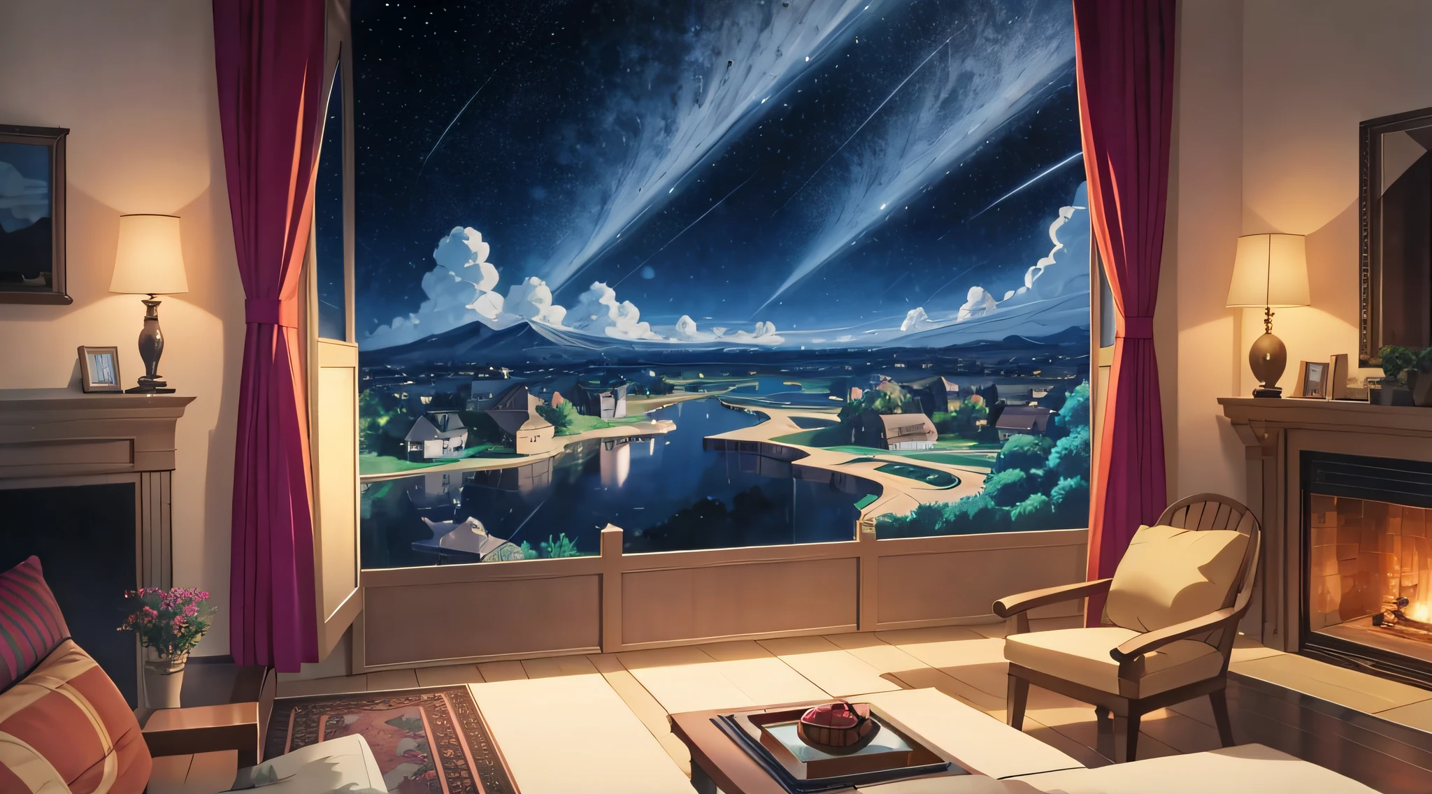 Photo of room with fireplace, Relaxing concept art, Anime background art, Arte conceitual de inverno, Personal room background, anime backgrounds, Anime landscape concept art, Home page background, Starry sky environment in moonlight, beautful view, concept art magical highlight, cozy cafe background, Open window ib background, Anime beautiful peaceful scene, bedroom background，There are no personas