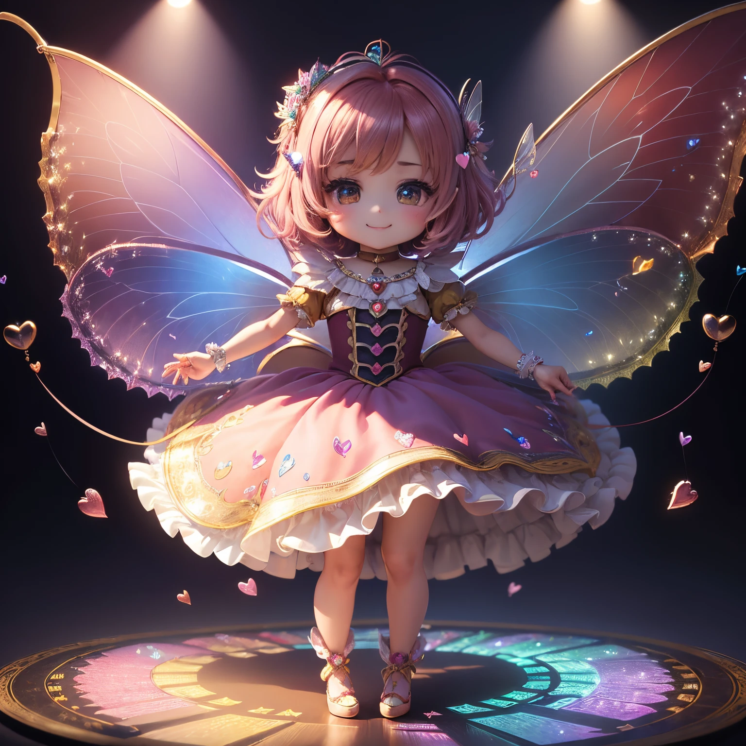 masterpiece、top-quality、ultra-detailliert、(Chibi Chara Fairy:1.37)、7 colored rainbow feathers、sapphires、Congratulations、(heart motif cushion:1.3)、(heart motif light:1.3)、Balloons of multiple colors dance、Open your mouth and smile、Full-body standing figure、Dance Dance