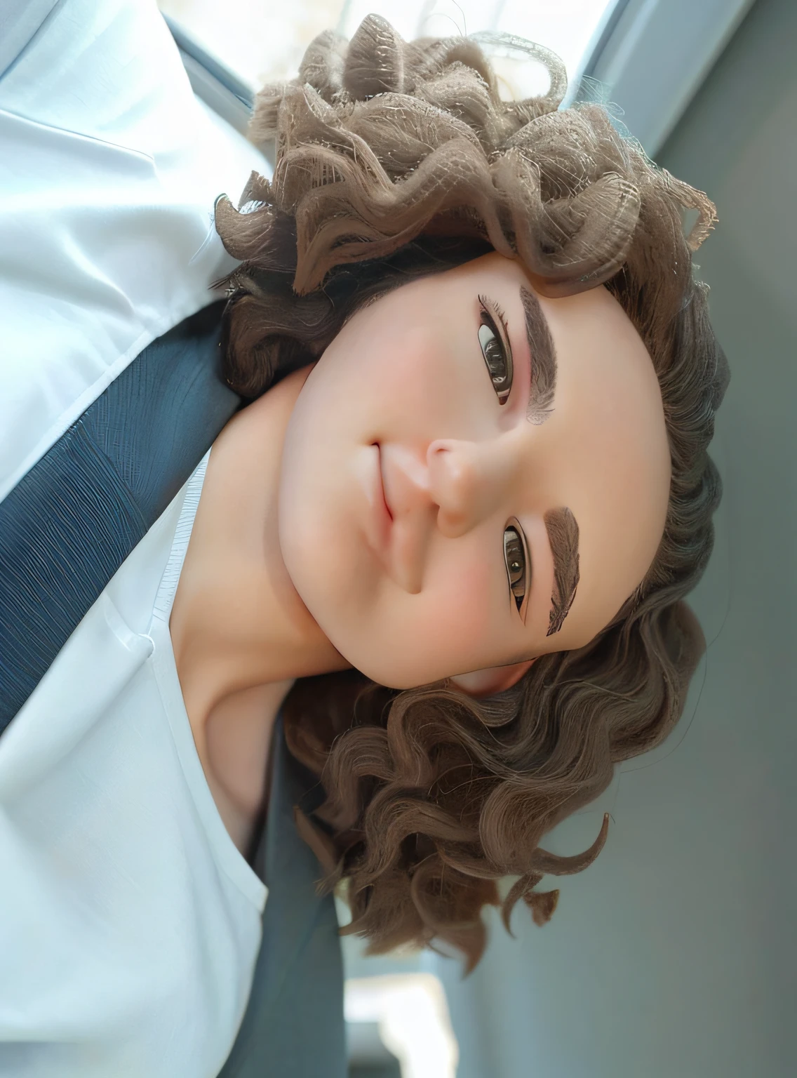 Hay un hombre con corbata y camisa posando para una foto., Foto de perfil de la foto de cabeza, con cabello largo y rizado, Tiro a la cabeza de medio cuerpo, androgynous person, pelo rizado, androgynous face, brown curly hair, Has short, curly brown hair, around 1 , she is about 1 6 years oldano de la cabeza