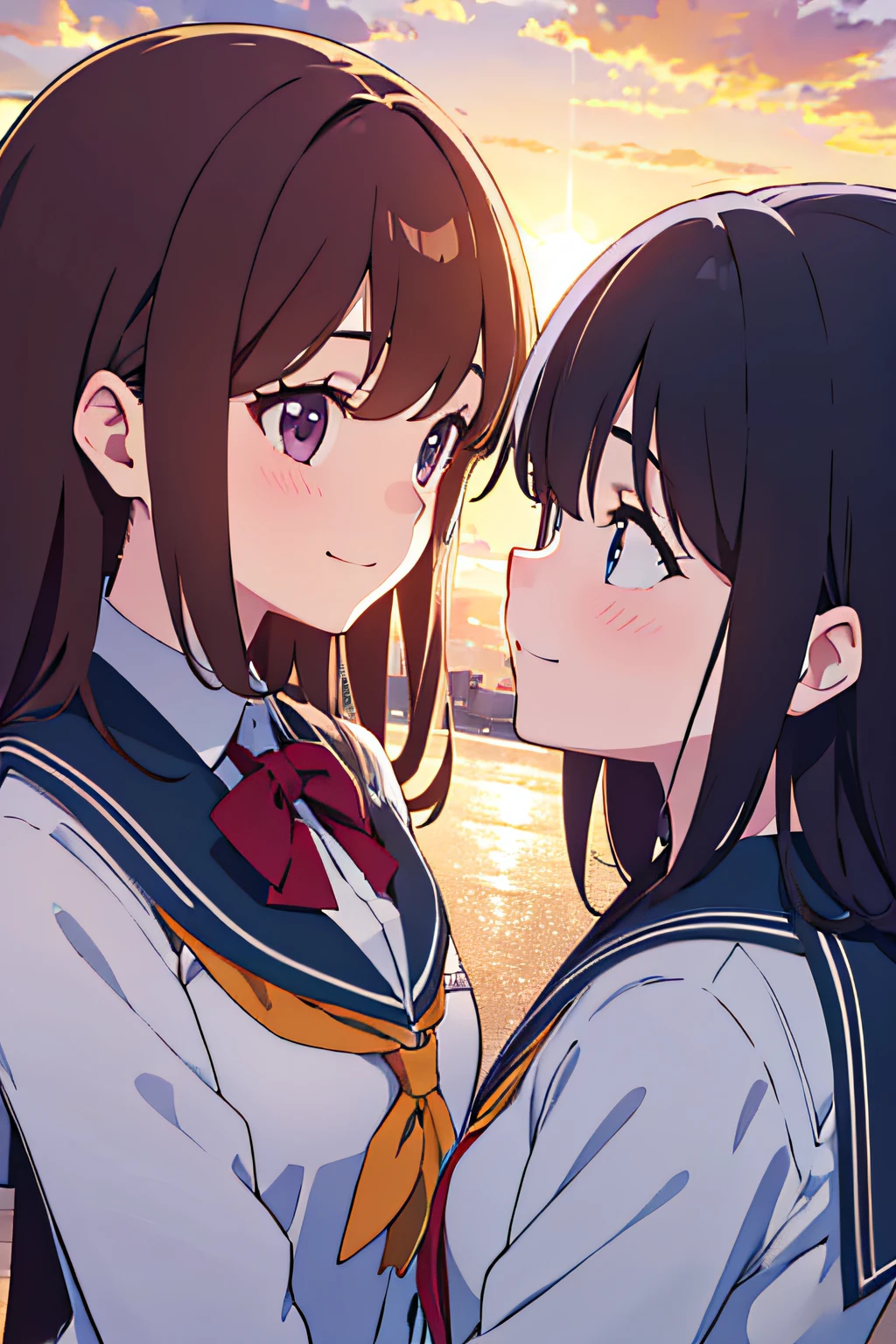 (masutepiece, Best Quality), 超A high resolution,2girls, School uniform, Sunset, Looking at each other, Embarrassed smile,