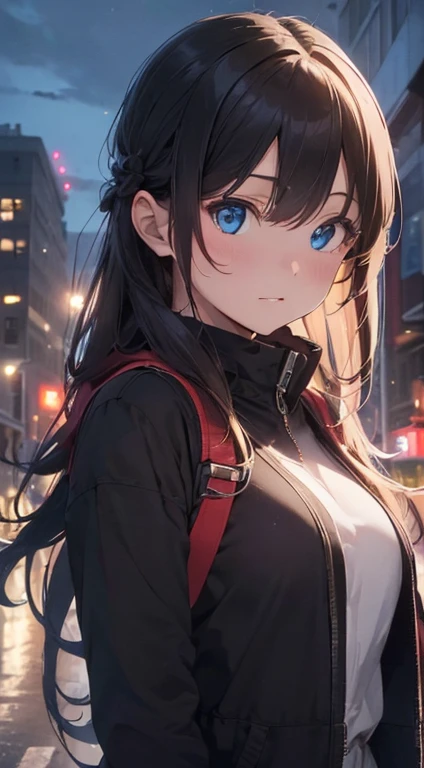 (best quality,highres,ultra-detailed,realistic:1.37),detailed description,beautiful girl,blue eyes,long hair,light brown hair,red clips,medium breast,in the city,at night,with a black coat