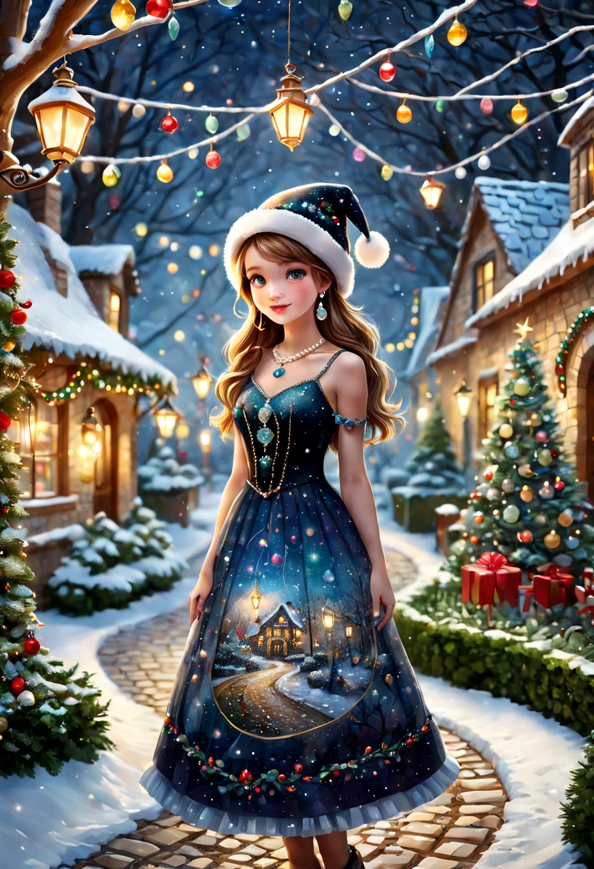 (best quality, highres, ultra-detailed), (realistic:1.37), girl, mosaic dress, garden scene, cobblestone path, night, gemstones, Christmas hat, pearl necklace, hoop earrings, festive atmosphere, winter landscape, soft snowfall, glowing Christmas lights, magical ambiance, tranquil setting, holiday spirit, whimsical scenery.