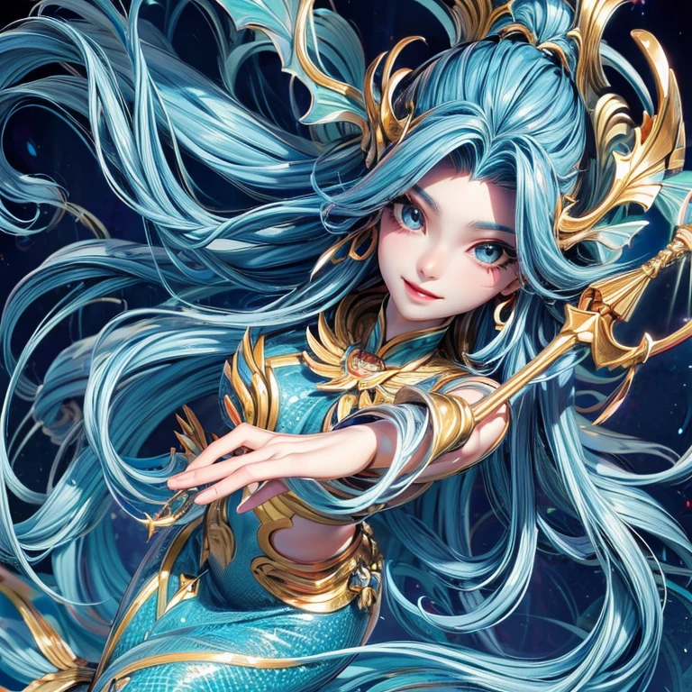 (masterpiece,High quality,Top quality,super detail, best quality ,),1 woman,mermaid,Very long blue hair,holding a trident,Hd,Face details,beautiful,full body,
