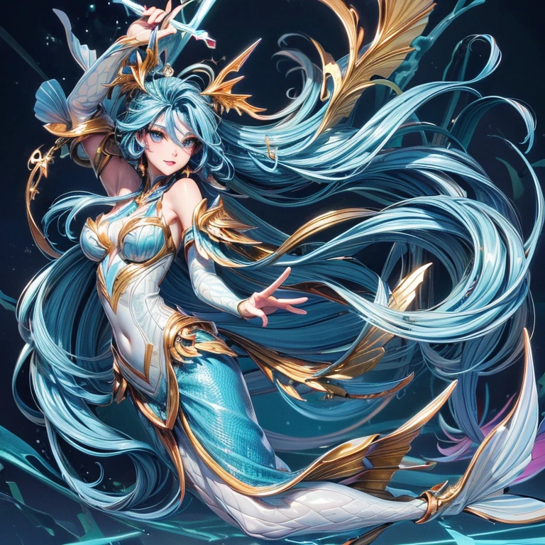 (masterpiece,High quality,Top quality,super detail, best quality ,),1 woman,mermaid,Very long blue hair,holding a trident,Hd,Face details,beautiful,full body,