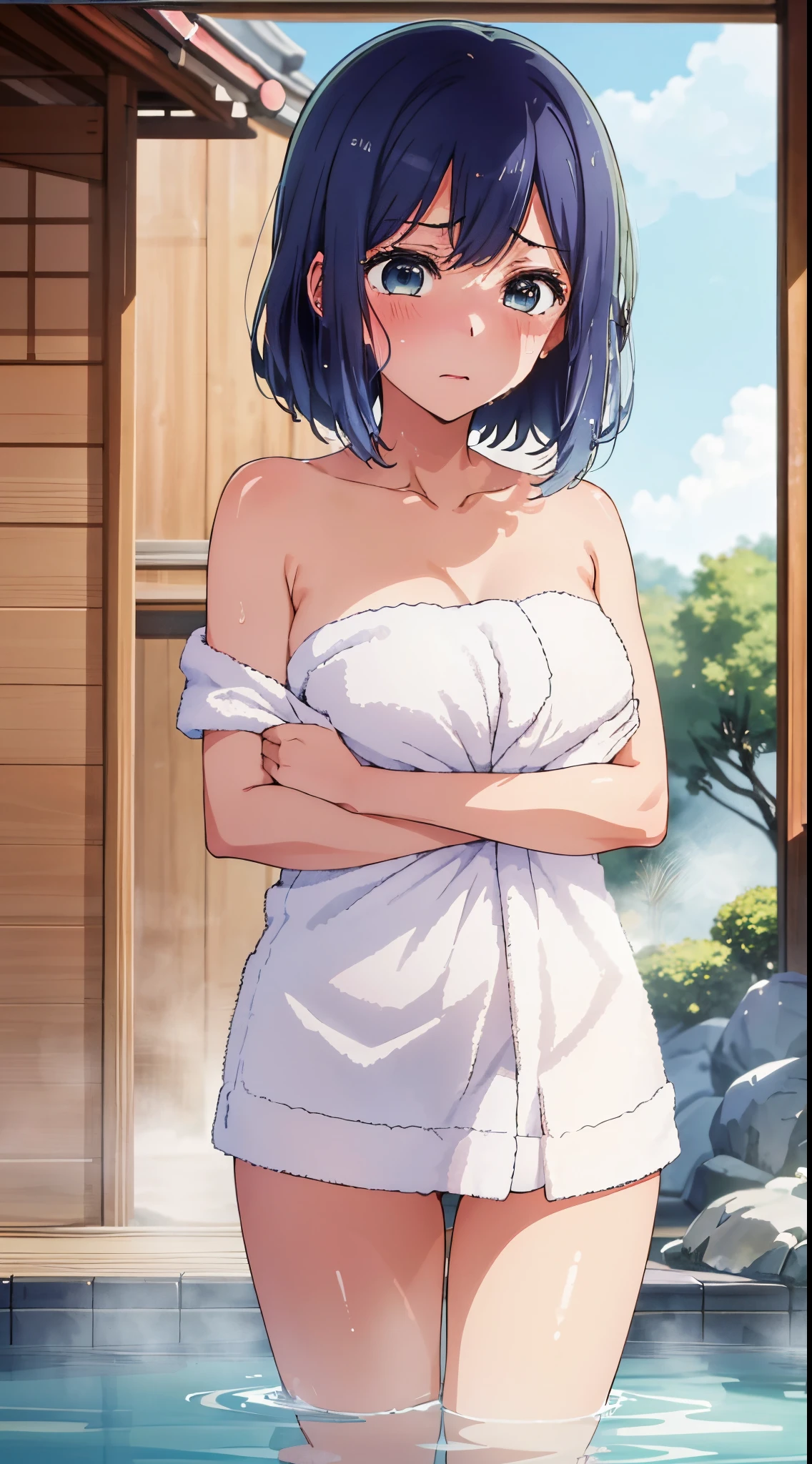 beautiful  lighting, 1girl in, 独奏, Akane,  ((anime styled))、((2D))、be shy、(hot onsen)、(((a towel)))、a closeup、(((embarassed face)))、Facing the camera、Colossal tits