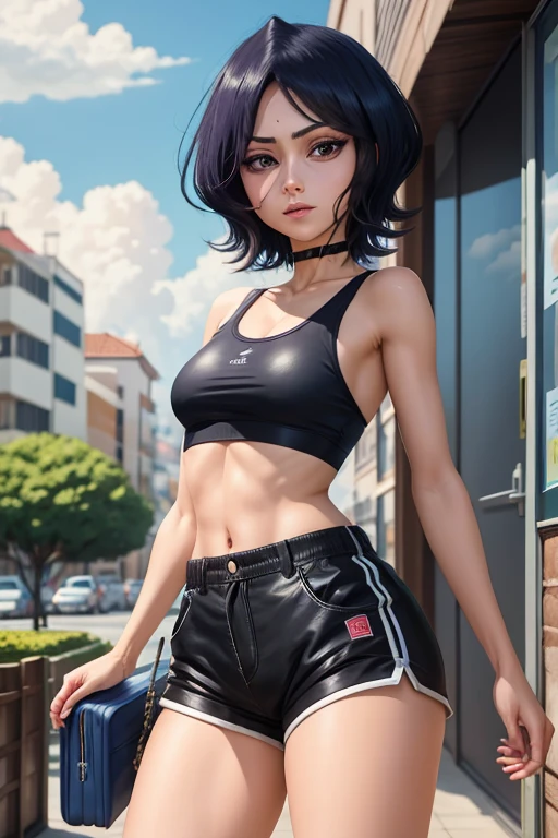 screencap anime, Standing full body, cidade, 1girl, sozinho, short hair, cabelos pretos, Purple eyes, Olhando para o Viewer, Athletic body, seios enormes, cabelo entre os olhos, libidinoso, boca fechada, quadris fino, topo curto, short shorts, blue skies, nuvem, Erotica, decote na virilha