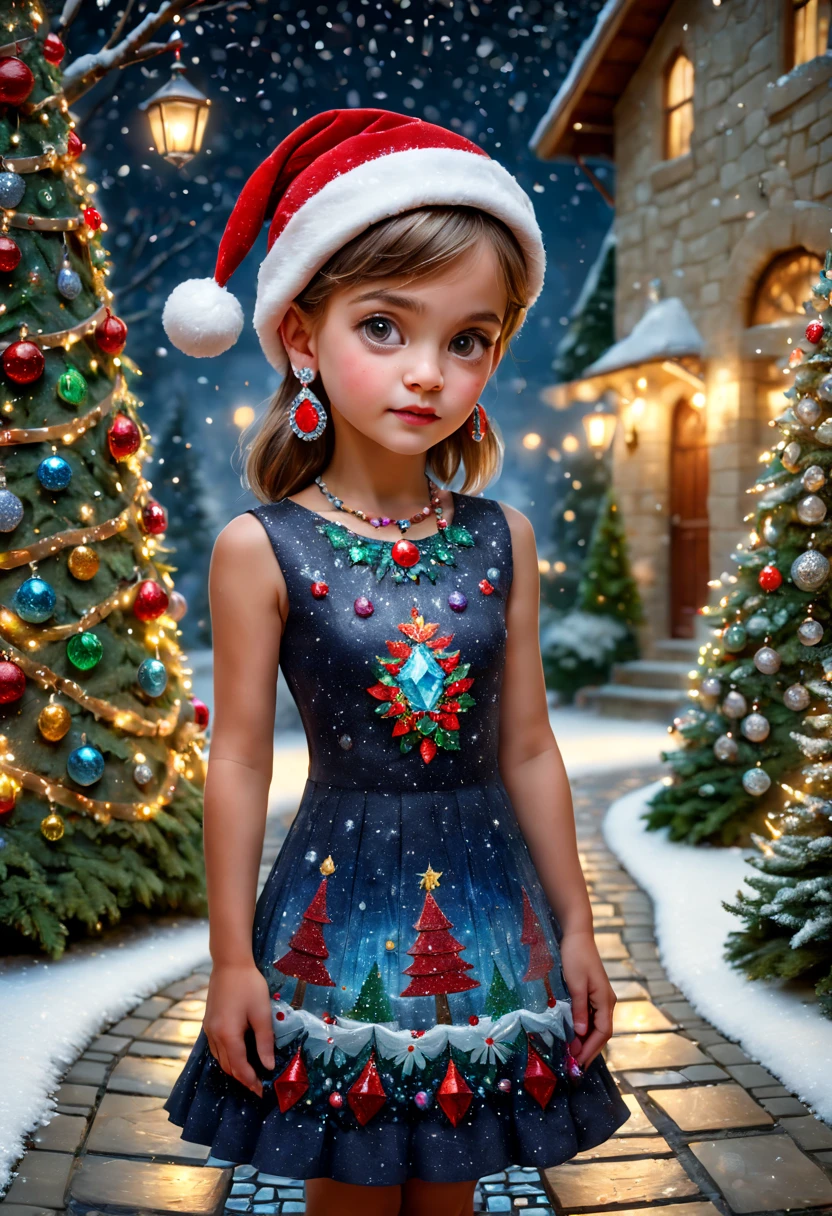 Young girl in a dress with mosaic gems at Christmas standing in an exterior garden, flagstone road, the night,  santa hat, bead necklace, hoop earings, smug,hyper realisitc, Christmas tree，winter landscape，Gentle snowfall，artistic décor, (best quality,4k,8k,highres,masterpiece:1.2),ultra-detailed,realistic,Award-Awarded, tmasterpiece.