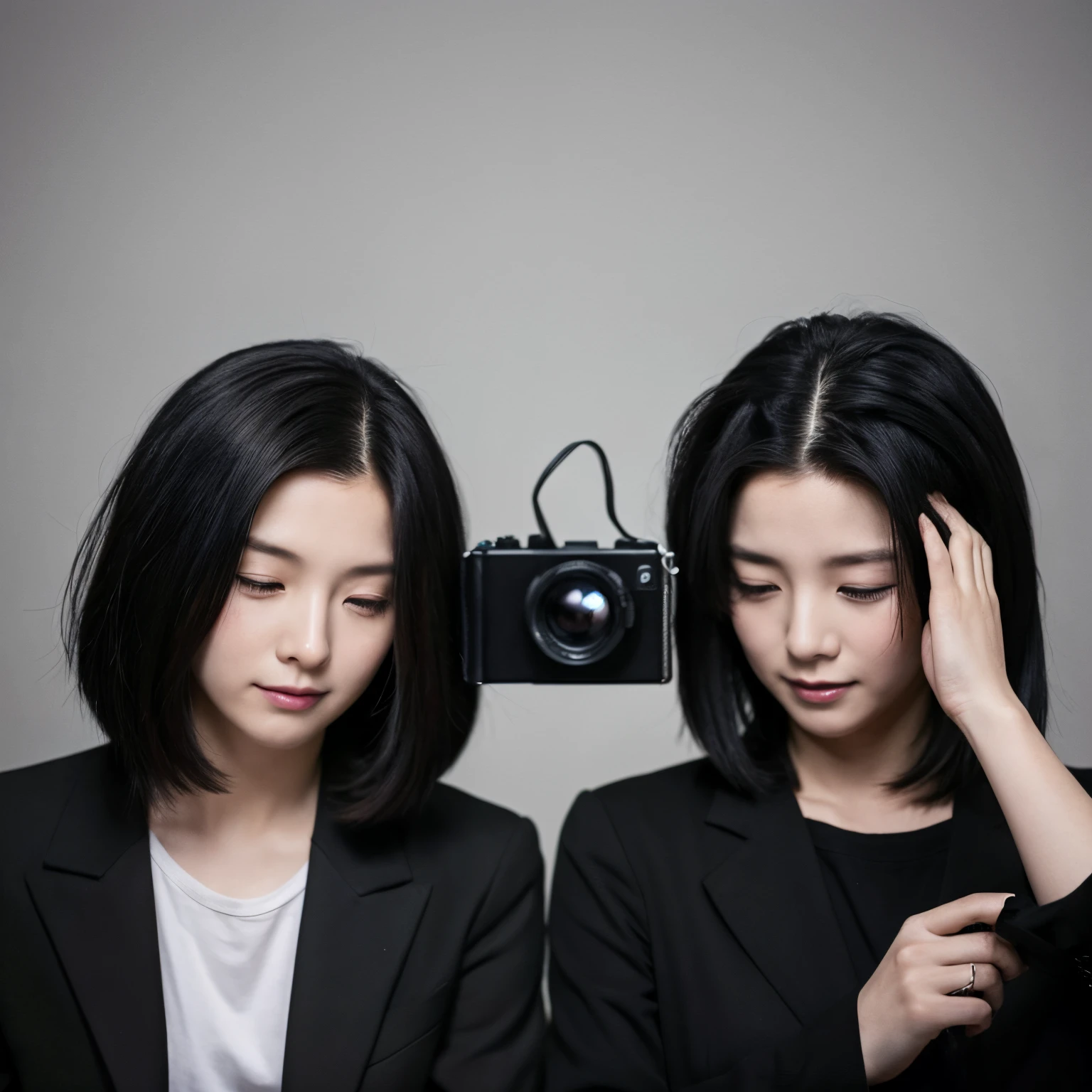 A boy with short black hair and a girl with long black hair are taking a photo with their heads attached.