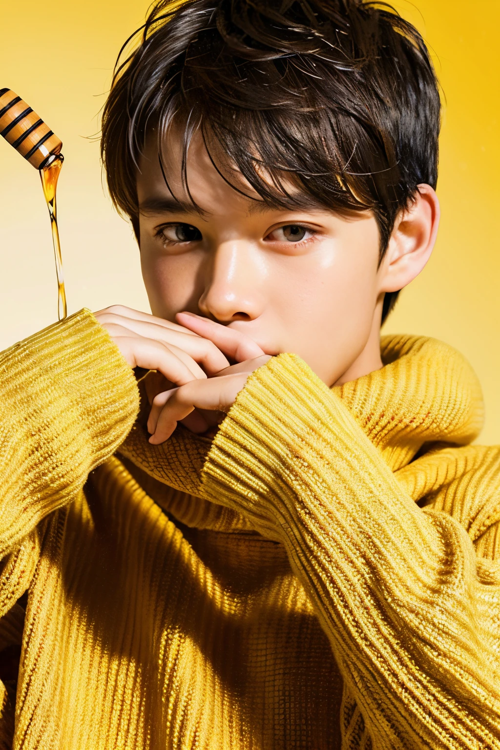 (Best Quality, masutepiece) High resolution illustration of a boy covered with sticky natural honey, yellow, syrup, Oversized sweater, comfy, Cozy, up close shot, Detailed texture, Delicious aroma, Flavorful sensations, warm and appetizing,
