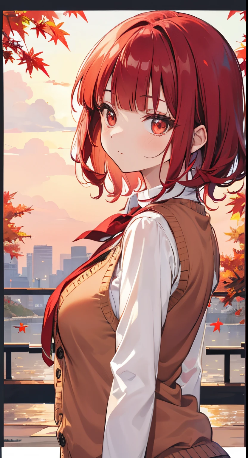 upper body, Looking right side front, red short hair, wavy hair, blunt bangs, eyes light red, beautiful girl, cheerful, cardigan vest, Autumn, outsides, sunset