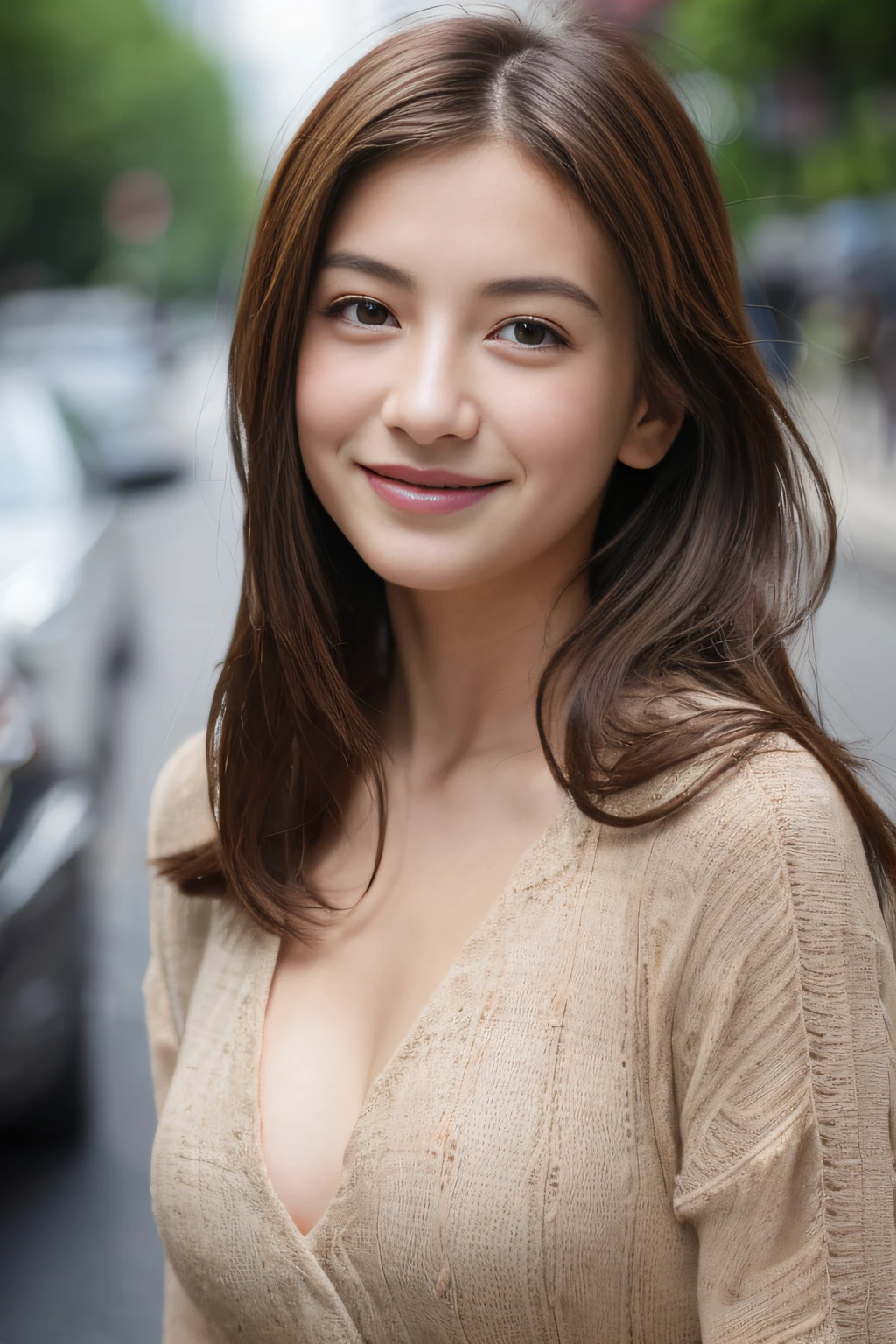 ((top-quality、8K、masterpiece:1.3))、1girl in、A smile、full body Esbian、Slim Faces、Pretty women、(dark brown hair)、Full-length dresses:1.1、hyperdetailed face、A detailed eye、二重まぶた、Colossal tits、blured background、Slim Faces、城市、takeout、a street、