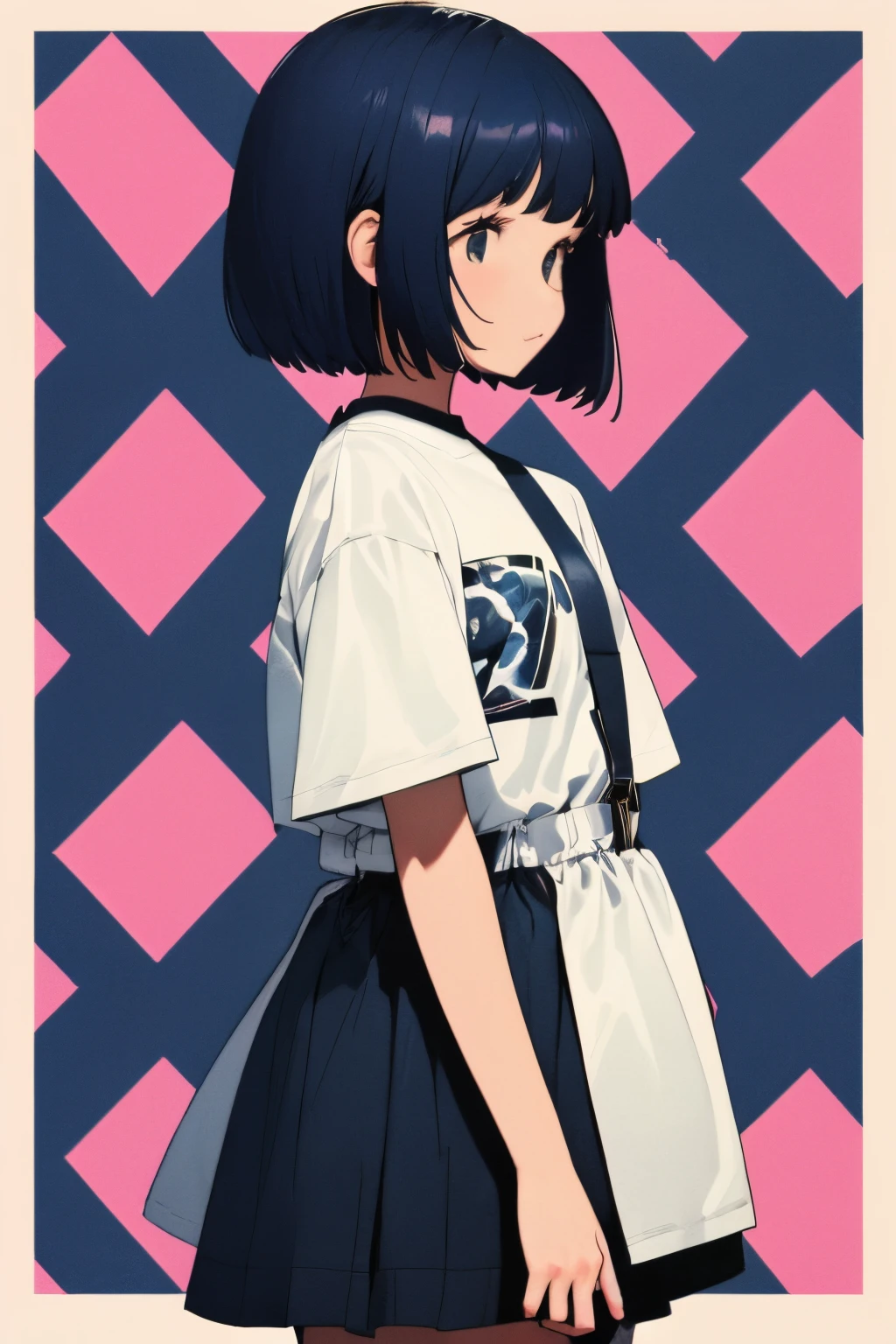 complex geometric pattern background、dark color、Cute little girl s、a short bob、Looking away、white baggyＴThe shirt、printed shirt、loose-fitting clothes、Retro、top-quality、ultra-detailliert、High quality detailing