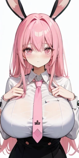 Pink hair、Pink tie、Anime girl with rabbit ears，a pink eyes，Shy blush ，humongous large breast, ，Big chest，Colossal tits