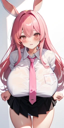 Pink hair、Pink tie、Anime girl with rabbit ears,a pink eyes,Shy blush ,humongous large breast, ,Big chest,Colossal tits