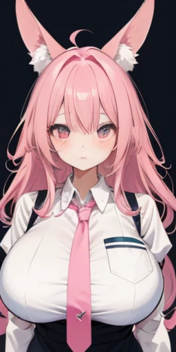 Pink hair、Pink tie、Anime girl with rabbit ears,a pink eyes,Shy blush ,humongous large breast, ,Big chest,Colossal tits