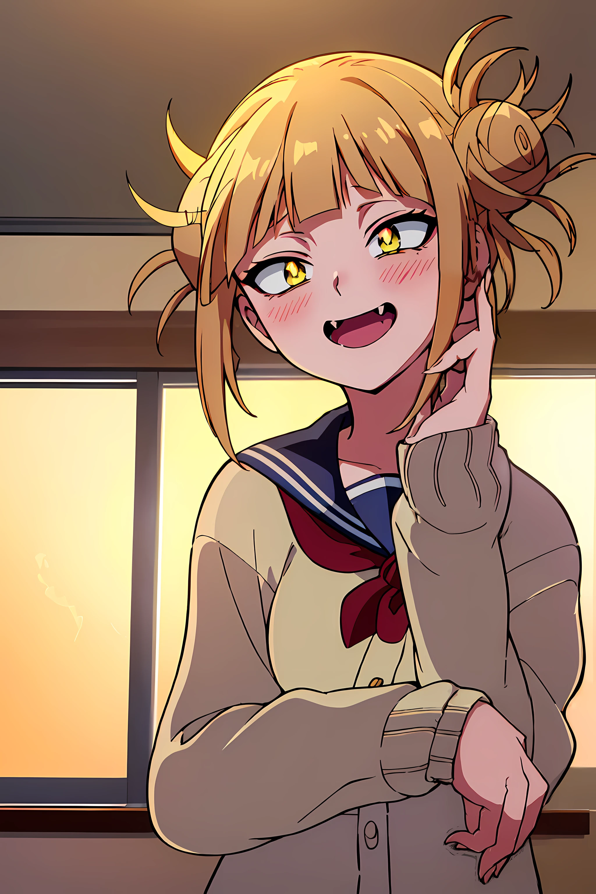 (top-quality,masterpiece,Anatomically correct,Full limbs,complete fingers,Precise fingertip detail,8K),(9 0 s anime style,cel shaded anime),Photorealista,(1人の女性:1.5), (Himiko Toga:1.52),aqua eyes, bags under eyes, blush, Open mouth, 牙, (Short stature:1.12), (Cardigan:1.2), blue sailor collar, Long sleeves, school classrooms, Official Character Art, official artwork, (radiant eyes),ultradetailed eyes, ultradetailed eyes, Shine created by concentrating the eyes,Sky Blue Lens Flare:1.7),(Luminous Eyes:1.17),(Raging Eyes:1.48),(joyous expression:1.25), Color Theme Red,octane renderings, nffsw,Rainbow Paint Drop,Paint Teardrop, Woman made up of paint, entirely paint, (Cinematic background),Splat, Splash, Indoors,Dark and blurry background,floating in sky,a closeup,dynamic ungle,the setting sun,Park at night, (The best lighting,extremely delicate and beautiful),beautiful detailed brilliance, (softlight:1.2),(Soft lighting in gold tones),,Warm and soft lighting,Dramatic light,((ciinematic light)), (Cinematic Masterpiece),(Cinematic headlight),Ambient Occlusion,ambient lights,intensely,Powerful,splashes of colour absolutely eye-catching,((coustics)),ray trace reflection,with light glowing,Happiness