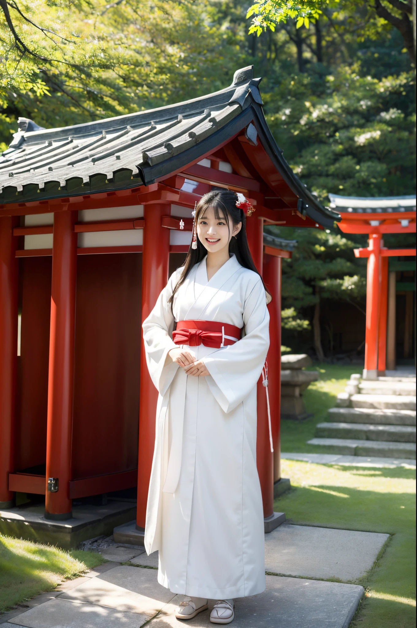 Best quality, ultra-high resolution, masterpiece, photo quality (photorealistic photo: 1.8), pores, precision, priestess, priestess uniform, shrine maiden, pure white light white coat, scarlet hakama, red sleeves, Japan women, one woman, japanes_shrine,19 years old, laughing,