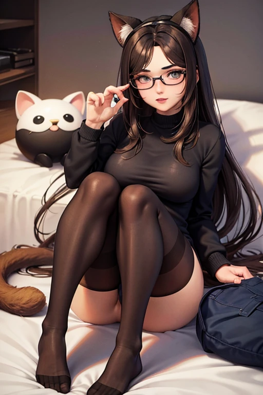 dedo nos labios, orelhas de gato, bela jovem usando meias pretas com saia curta, belos olhos, black tights beautiful eyes , morena, morena, cabelos curtos sueter branco curto,usando oculos