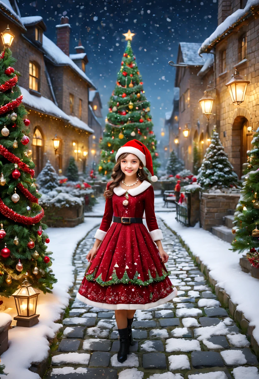 christmas,Girl wearing mosaic ruby dress,Garden scene,Cobblestone paths,the night,santa hat,pearls necklace,Ring earrings,Christmas tree,festive atmosphere,winter landscape,Gentle snowfall,Magical atmosphere,serene environment,Whimsical scenery best quality,4k,8k,highres,masterpiece:1.2),ultra-detailed,realistic,Award-Awarded, tmasterpiece.