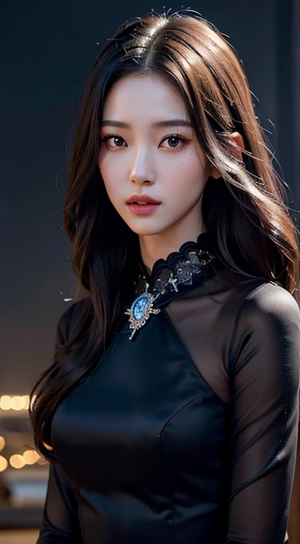 In the night,beautiful girl,slim face,slim body,long hair,Double eye-lid eyes,Korean theme,Black dress,long boo quality,4k,8k,highres,masterpiece:1.2),ultra-detailed,(realistic,photorealistic,photo-realistic:1.37),soft moonlight,starry sky,portraits,vivid colors