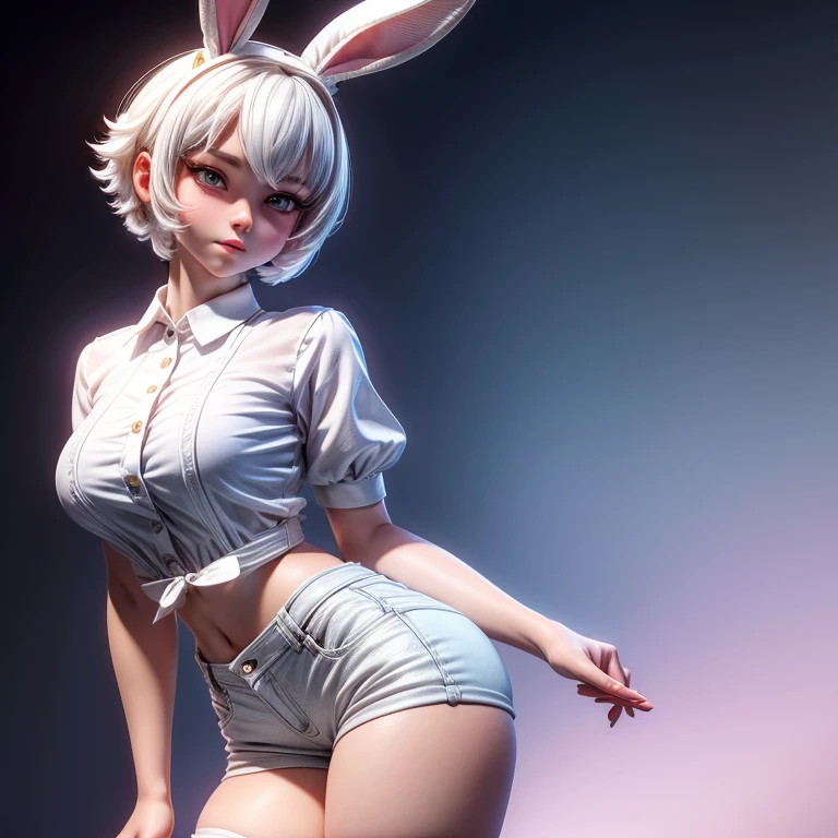 masterpiece, best quality, 1girl, White hair, red eyes,  bunny head band, short hair,blush,solo,beauty,girl,photorealistic,(naked),standing,(no panty),slender,sexy pose