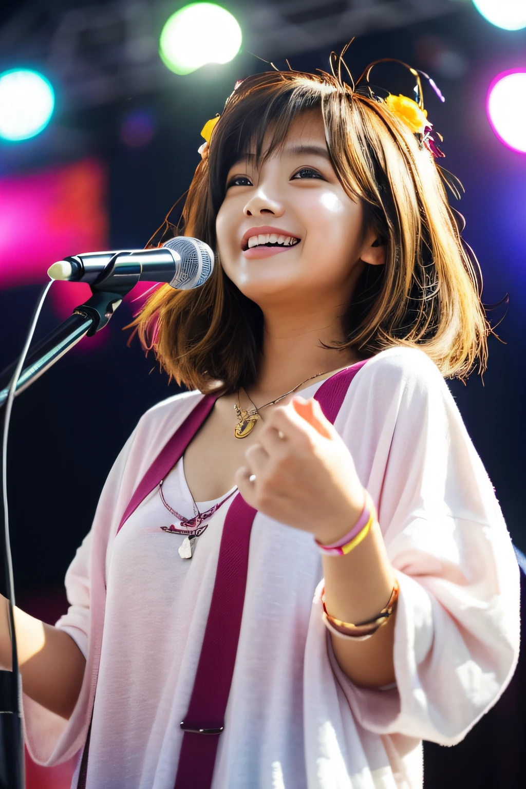 ((top-quality))、(masterpiece:1.4)、Raw photography、8K、((Top image quality))、 ((hight resolution))、Colossal tits、Beautiful face in every detail、Realistic human skin、Gentle expression、(One lady:1.3 )、realisitic、Photoreal sit extra belly short hair:1.4)、(Cute hairstyle)、(Beautuful Women)、(She looks like a cute Japanese girl:1.3)、(mannish)、((Pretty Woman))、(Beautiful hair)、((dark brown hair))、(((Red cheeks)))、(Her eyes are big:1.3)、20-year-old beauty、(her face is small:1.3 )、small head、((long neck))、pale skin、Spot-free skin、With bangs、Everyone longs for、japanese beautiful woman、((eight heads high))、(a necklace)、(music festival:1.4)、((Outdoor stage))、singers、(Concert T-shirt)、smil、(Oversized clothes:1.3)、Happy look、(play bass guitar:1.4)、(On stage:1.3)、Stand Microphone、wristbands、A bracelet、((young woman admires her))、Charismatic model、she has many fans、rock band、(I can see the sky)、