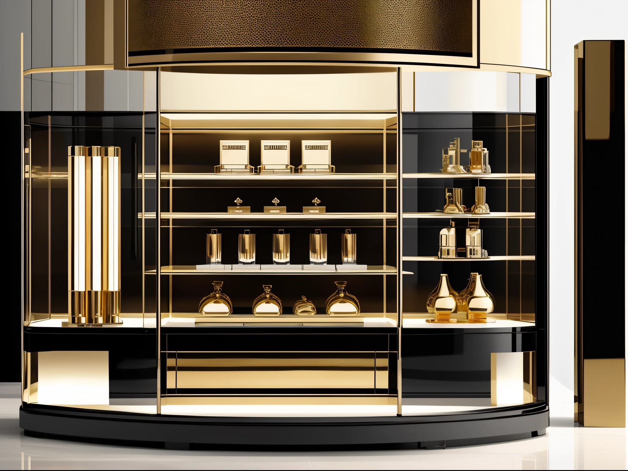 Perfume display back cabinet， and atmospheric，Gold black material，8K，Vray rendering，Close-up of details，Lighting atmosphere