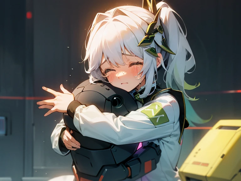 Girl crying while hugging AI robot