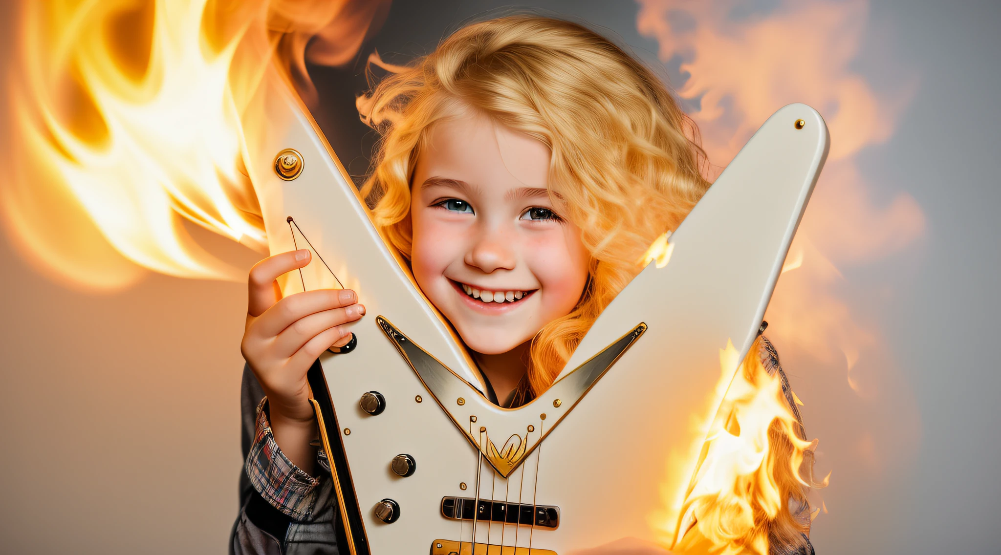 blonde girl holding a guitar with a smile on her face, holding an electric guitar, em chamas queimando no fogo.
