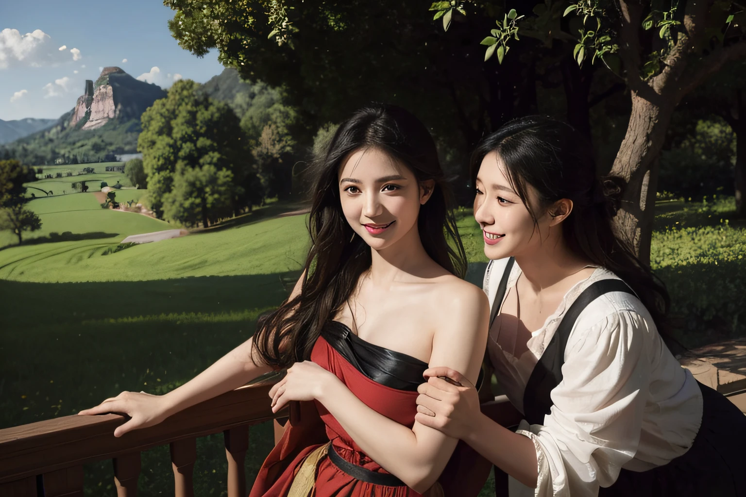 Poussin-style landscape,A smile,,Sweet and seductive appearance.、Caravaggio's paintings、Chiaroscuro of Caravaggio、Hair disheveled in the wind,Two women frolicking,Cute smile, Expression of ecstasy,A sexy,erotick