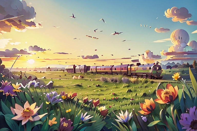 A train traveling on the prairie，There are low hills in the distance，Wild flowers bloom everywhere，The morning sun shines on the train