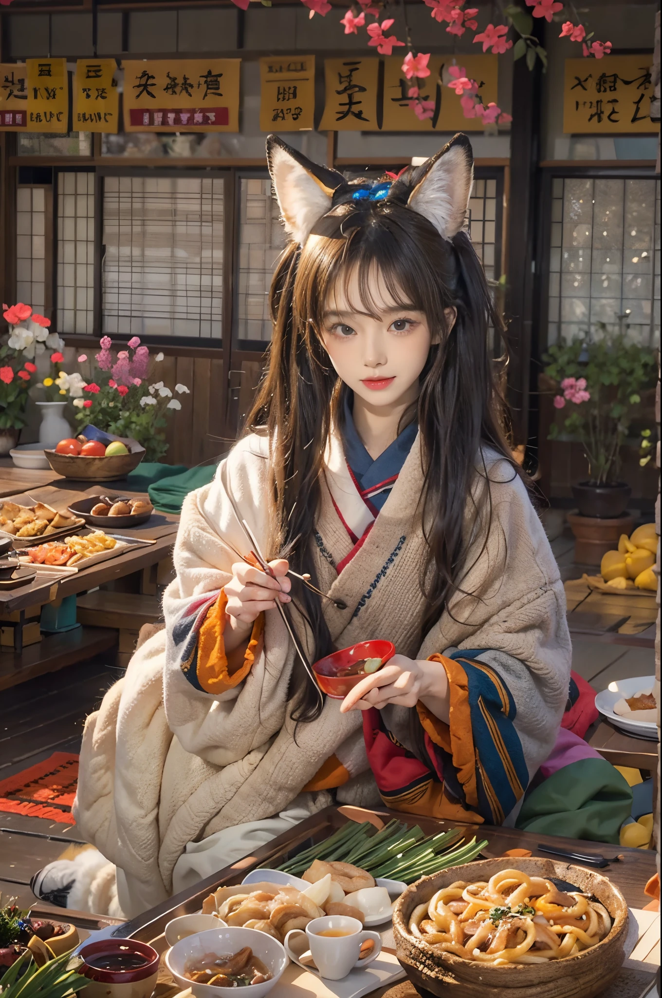 Create a vivid depiction of a 28-year-old brunette woman with tousled hair。。, Enjoy udon at the kotatsu. He describes her as an amazing beauty who resembles a fox incarnate..。, Captivating viewers with her charming expression as she stuffs her face with cup udon.Fox ears、wear fox fur