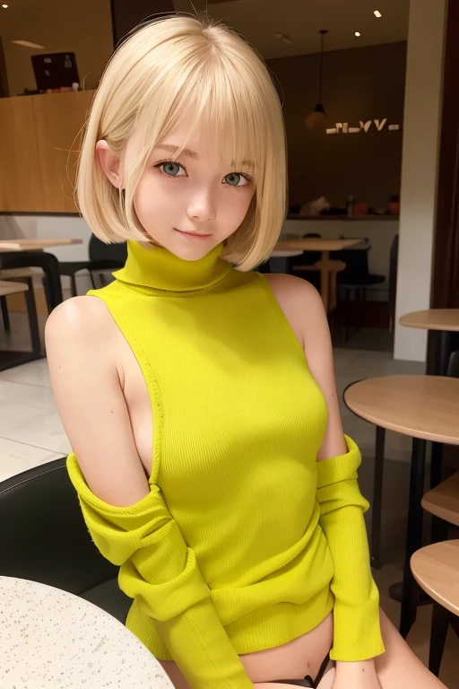 a very cute blonde  girl wearing vivid darker yellowgreen chest-hole-cut-out breast-exposing turtleneck, sitting in cafe posing for picture, bob-cut hair, small breast, raw photo