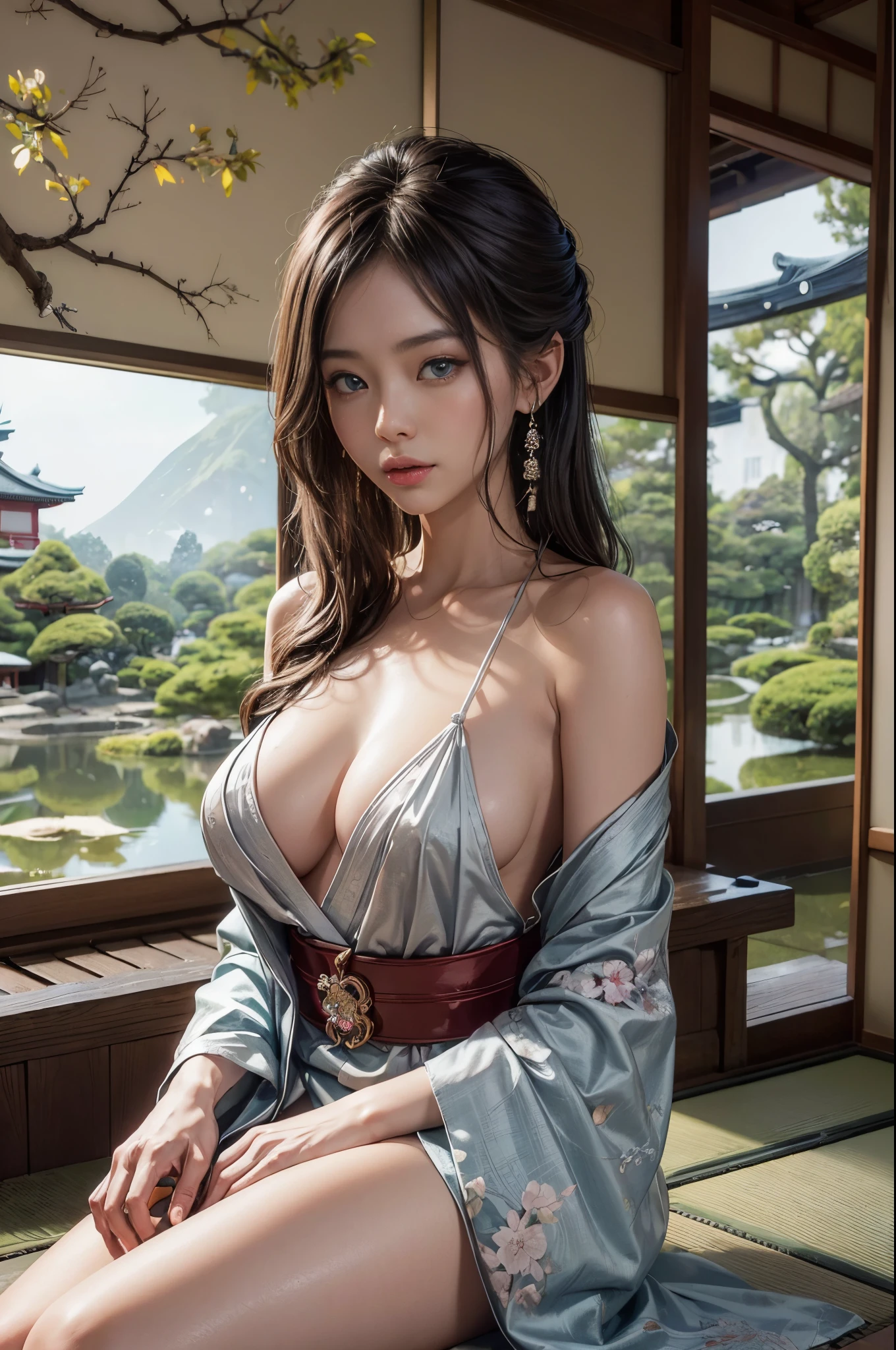 (masutepiece:1.Photoreal Stick:1.4, 8K), top-quality, masterpiece, 超A high resolution, Professional camera work, Grow Light Effect, Realistic portrait, Cinematic Light, Highly detailed skin and facial texture:1.Perfect dynamic composition, The ultra-detailliert, A detailed eye, Detailed limbs, (Japanese-style room overlooking the Japanese garden, formal hanging scroll:1.2, tradition:1.5), 1girl in, 25-years old, cute sexy japanese slim woman, Fair skin, (Enraptured look:0.9, Totally captivates you:1.0), (Silver kimono:1.32 off shoulder), (voluptuous breasts:0.9), (Backshots, Calm pose), (Beautiful blue eyes, Eyes that feel beautiful eros:0.85), Sexy face:0.4, (A mouthfeel that feels beautiful eros:0.85), ((Too cute beauty:0.9))
