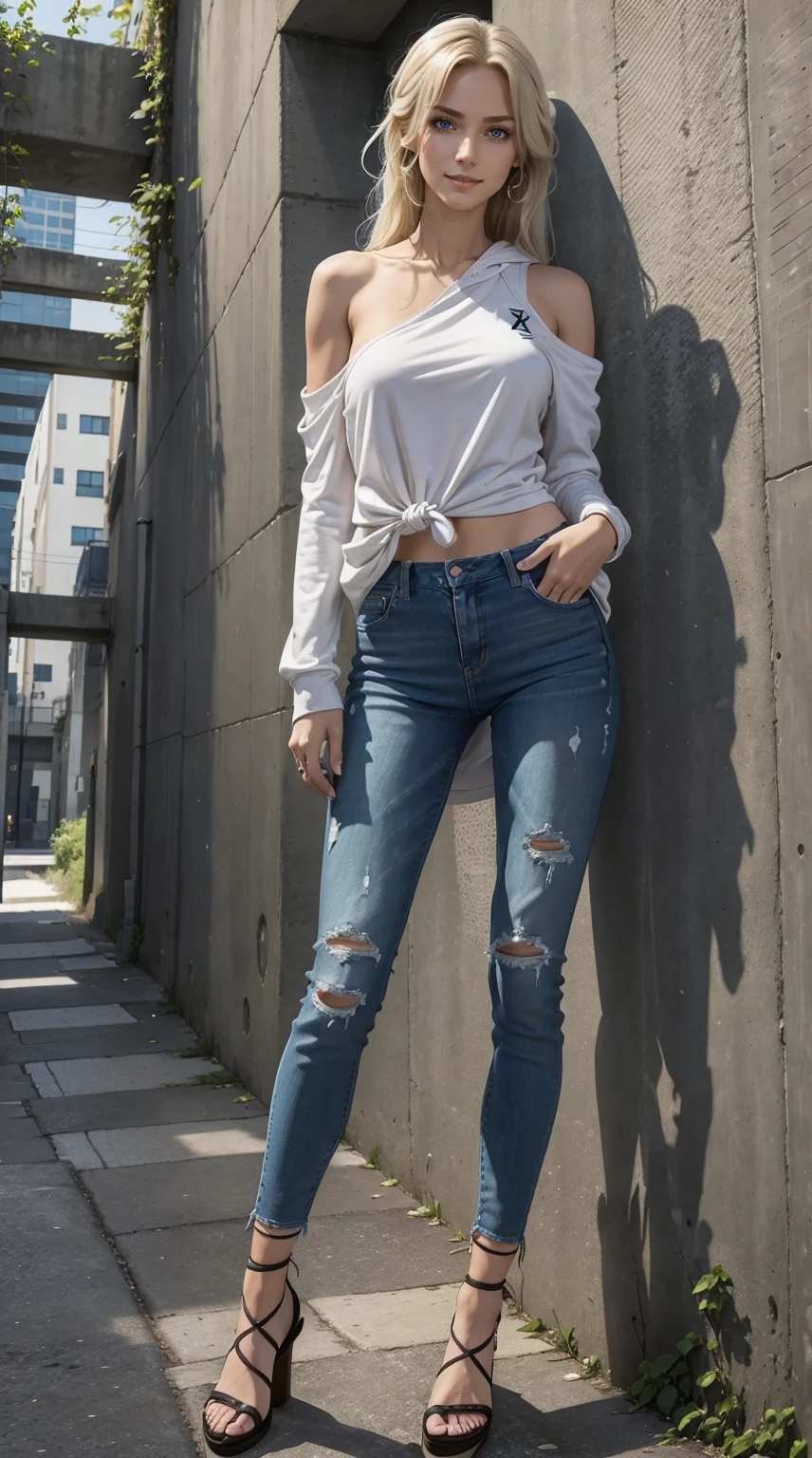 25-year-old Caucasian woman、bionde、blue eyess、Longhaire、I use a hair band to tie my hair together、a smile、My abs are cracked、accessories on the wrist、a smile、Slender but well-proportioned muscular body、I don't want my head to disappear from the screen.、She is wearing a one-shoulder shirt with a logo on it.、Wearing a hoodie and covering the hood、I'm wearing low-rise skinny jeans、wearing lace-up sandals、Facing to the side、I'm in front of an old concrete wall with ivy growing on it.