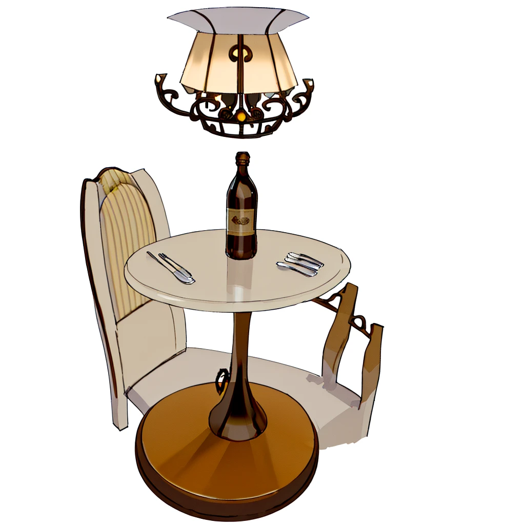 (best quality,4k,8k,highres,masterpiece:1.2),ultra-detailed,(realistic,photorealistic,photo-realistic:1.37),white background,chibi:1.3,bottle background,lamp,pedestal,platform,(fine dining:1.8),