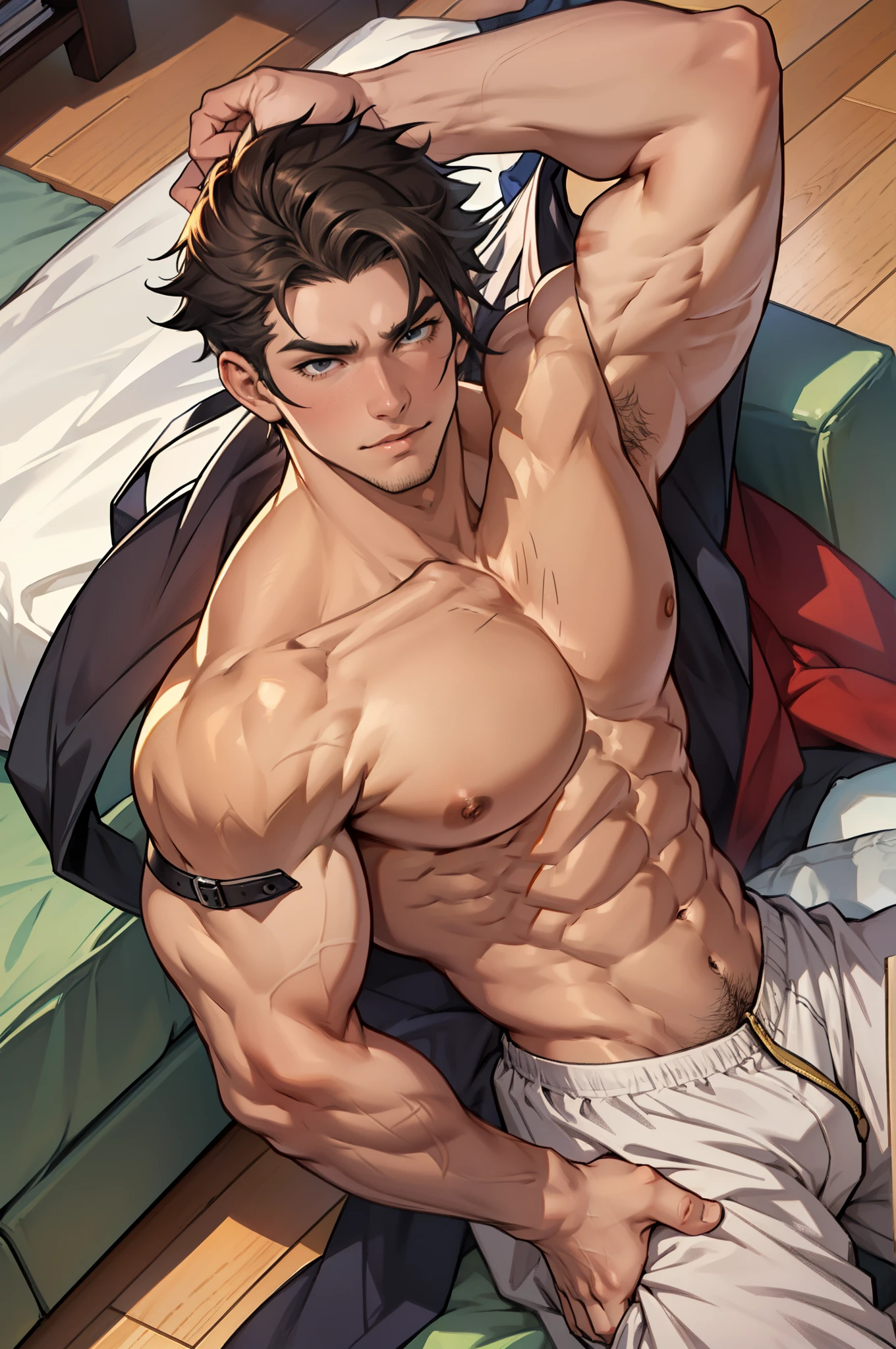 A mais alta qualidade de imagem,Pessoas do sexo masculino,Child,1 ,jovem e bonito,Shoun,cabelos Castanho,Cabelo liso curto,Pele escura,Anime peito grande,anime wallpaper,sozinho,Foco Masculino,just in underwear ,Dilation of the pectoral muscles,Virilha saliente,Fundo Urbano,Espalhe as pernas,sexy,(master part, best quality),without the shirt, flexing your muscles, Fazendo cara de safado, Big chest, lying on a bed in just underwear, nsfw, hot abs, big muscular chest