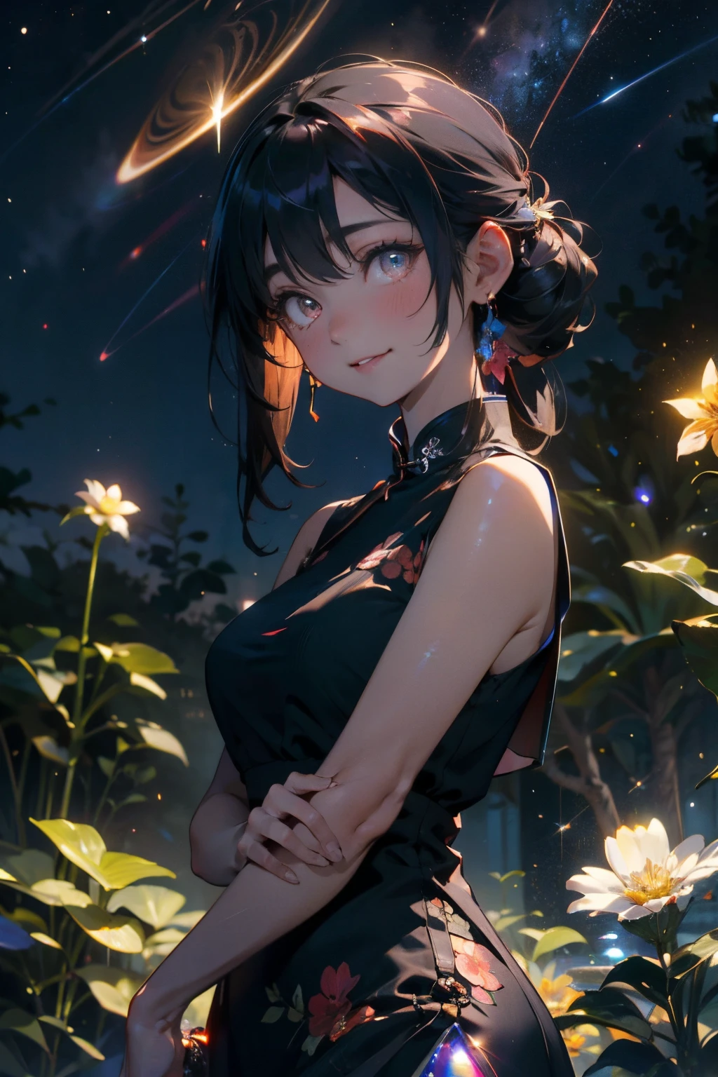 a 20 yo woman、Black blue Hair、poneyTail、Bun hair、Big smile、iridescent eye op fade:1.3)、dark themed、Muted Tones、Subdued Color、highly contrast、qipao dress、(natural skin textures、Hyper-Realism、Soft light、sharp)、Master Parts, Gorgeous, landscape, (((cha_Huma does not))), natta, florals, Torpical Garden, Starry sky, constellation, astounding, Display Mode, Water, thermography, cozily, peaceful, meteors, cosmic, Magic, magia, special, yui, ((glowworm))