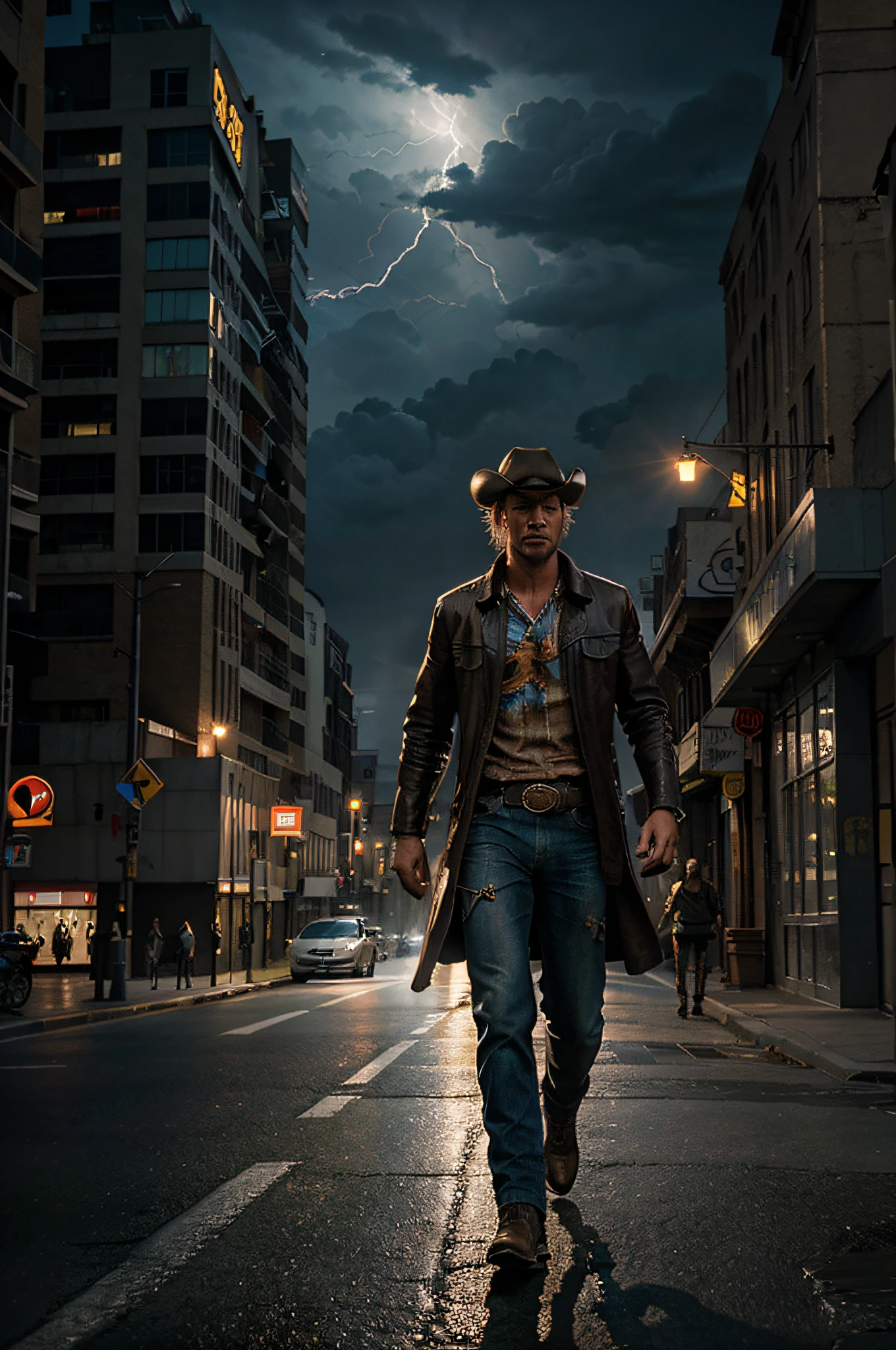 high quality, cinematic ray , realistic digital art illustration, epic, lightning, a cowboy walking on the street