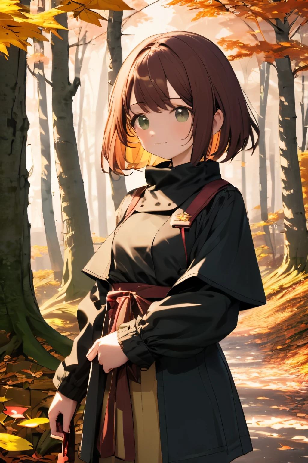 masuter piece、独奏、Little woman、a short bob、Natural color clothing、Natural look、top-quality、ultra-detailliert、High quality detailing、８ｋ、Colored leaves:1.5、deep autumn forest、Tree leakage day、Silence