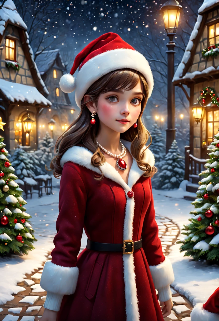 Girl wearing mosaic ruby dresternal garden，Cobblestone paths，the night，santa hat，pearls necklace，Ring earrings，[Christmas tree]，christmaestive atmosphere，winter landscape，[Gentle snowfall]，Magical atmosphere，serene environment，Whimsical scenery best quality,4k,8k,highres,masterpiece:1.2),ultra-detailed,realistic,Award-Awarded, tmasterpiece.