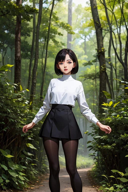 beautiful young woman wearing black tights, sueter apertado branco, short pantyhose, Standing in a forest, usando salto alto, cabelo curto preto, morena