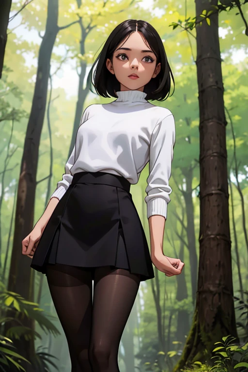 beautiful young woman wearing black tights, sueter apertado branco, short pantyhose, Standing in a forest, usando salto alto, cabelo curto preto, morena